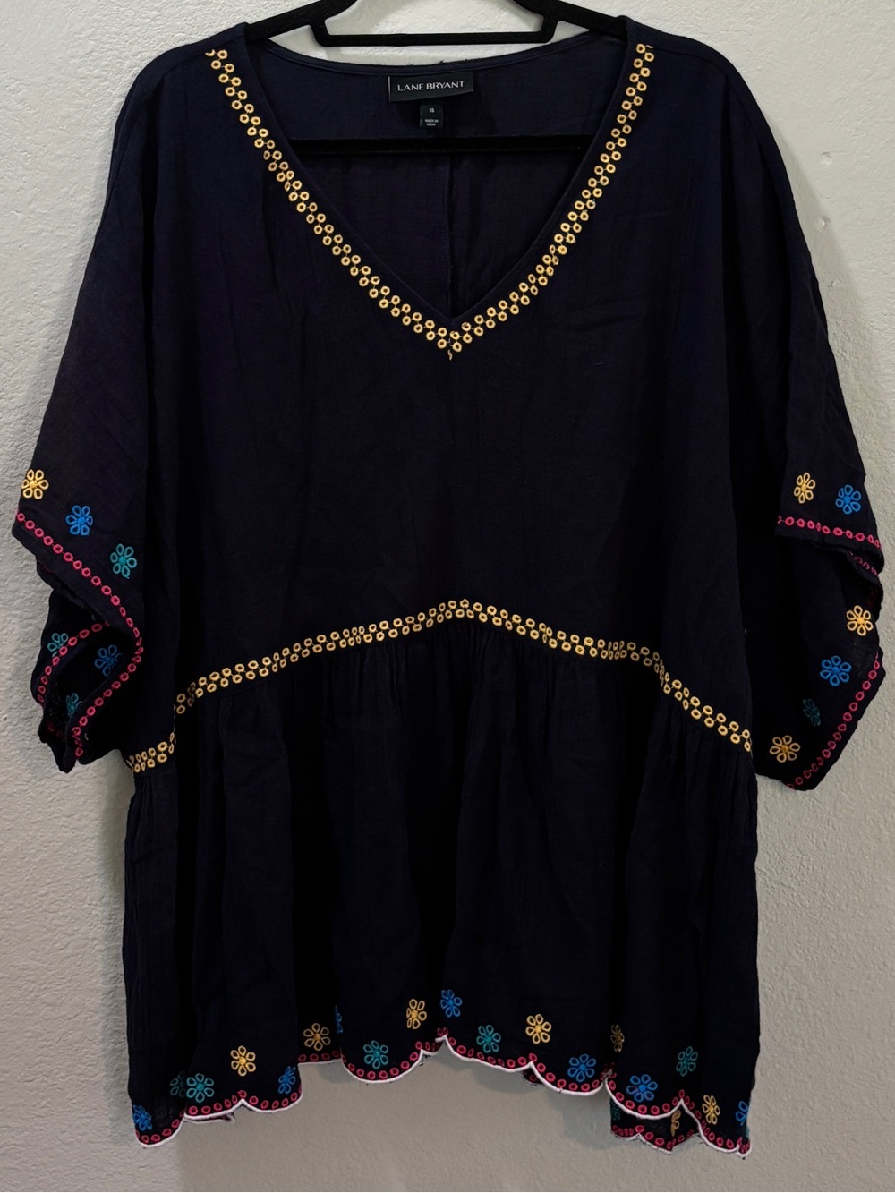 Lane Bryant Embroidered Boho Peplum Tunic Top Navy Blue Size 28